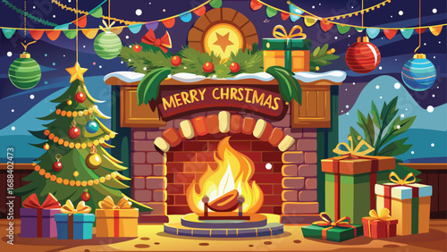 A warm holiday celebration with a decorated Christmas tree and gifts in a cozy room by a fireplace