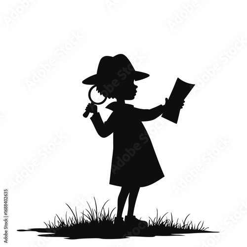 Silhouette of child detective with magnifying glass and map
