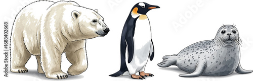 Arctic polar bear, Antarctic penguin, and seal together showcasing diverse cold-climate wildlife