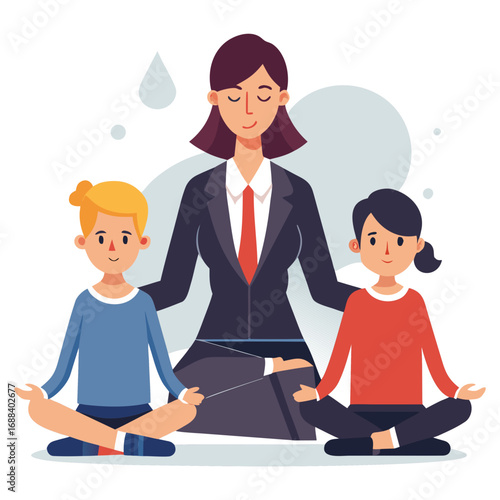 Professional vector illustration of female lawyer mediating conflict between two disputing clients in legal consultation, justice, law, negotiation scene