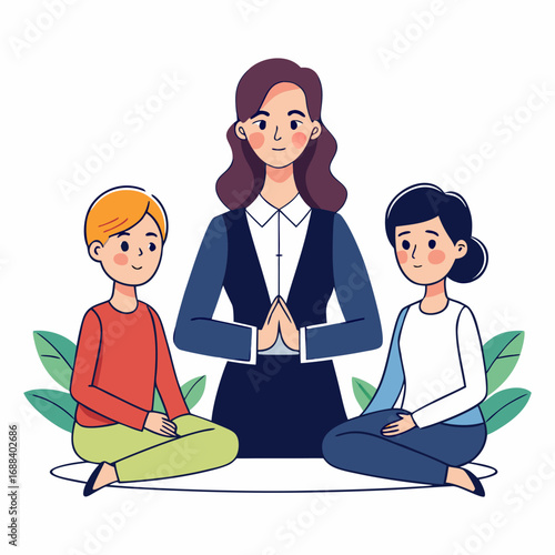 Professional vector illustration of female lawyer mediating conflict between two disputing clients in legal consultation, justice, law, negotiation scene