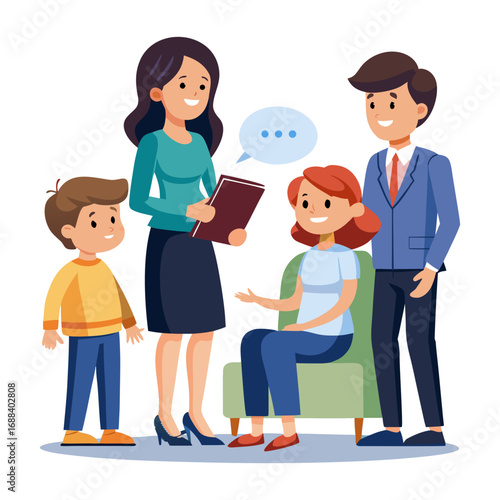 Professional female attorney consulting family on child custody case vector illustration symbolizing legal advice, justice, support, guidance, family law
