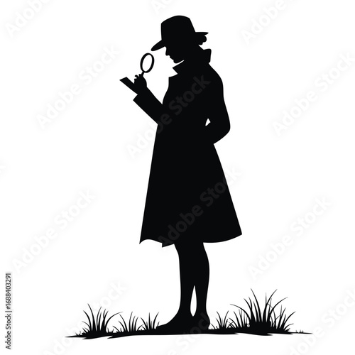 Silhouette of detective examining document with magnifying glass