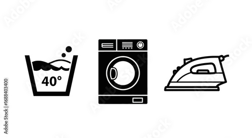 Laundry care icons featuring washing machine, temperature guide, and iron for domestic cleaning and fabric maintenance