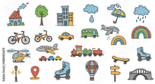 Whimsical doodle collection featuring transportation, buildings, weather, and outdoor elements for creative projects.