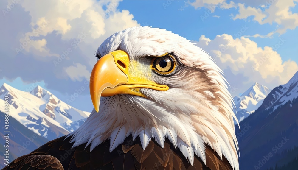 Obraz premium Close-up of a majestic bald eagle, its head and chest against a backdrop of snow-capped mountains and a vibrant sky, showcasing detailed plumage and keen eyes.