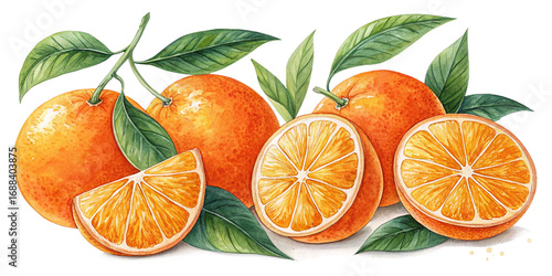 watercolor fresh oranges with green leaves botanical illustration citrus fruit slices and whole oranges isolated on white background.