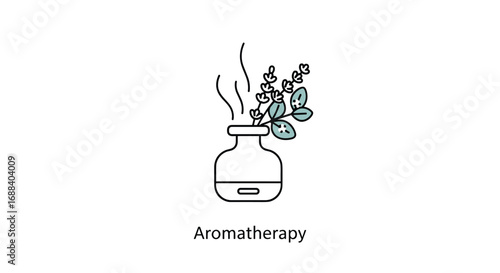 Soothing aromatherapy diffuser releasing gentle steam with fresh herbal sprigs creating a tranquil wellness ambiance for relaxation and self-care, Generative AI.