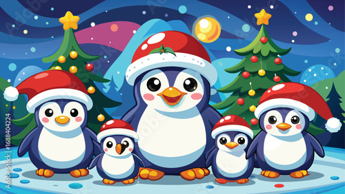 Cute cartoon penguins playing in the snow near a Christmas tree with a snowman and Santa hats on for a fun winter holiday card illustration