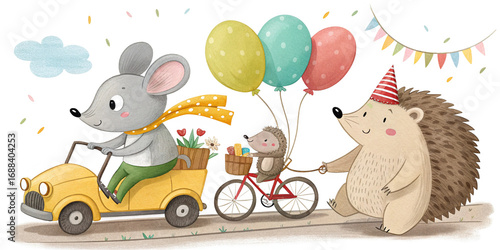watercolor woodland animals elephant car hedgehog bicycle with balloons and bunting cheerful children illustration
