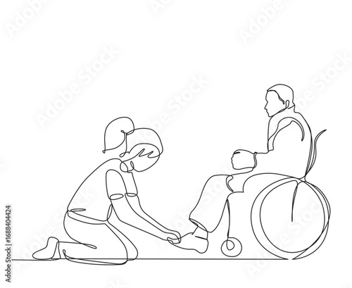 A girl tie shoelaces to disable man