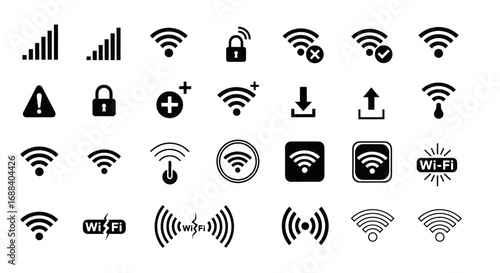 Diverse Wi-Fi signal icons offering connectivity status, security, and control for digital networks