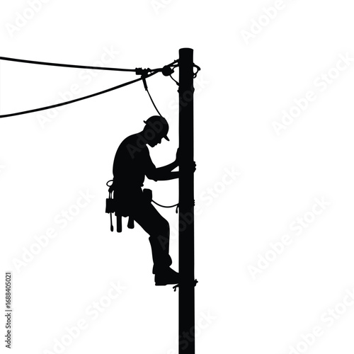 Silhouette of lineman climbing utility pole with wires
