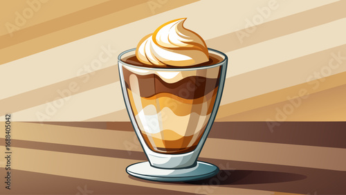Affogato, a scoop of vanilla gelato drowned in hot espresso, shines in a transparent glass. Isolated background captures contrast of bitter and sweet, minimalist elegance, and Italian café culture.