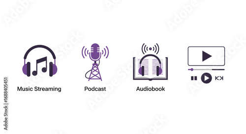 Discover modern digital media icons for music streaming podcasts audiobooks and video playback experiences, Generative AI.