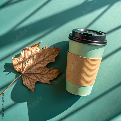 red leaf on a green background cofeee mug
