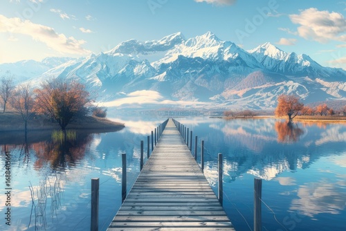 Flawless Visual of Reflective Wooden Passage Over a Small Lake with Mountain Range