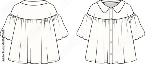 Women blouse fashion flat sketch, puff sleeve shirt design, front and back view, garment technical drawing, CAD drawing flat vector illustration