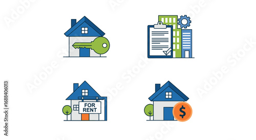 Real estate icons show home ownership rental process property management and investment opportunities with modern flat design style, Generative AI.