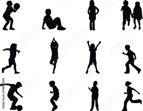 Kids silhouette playing, children activity vector, boy and girl running, jumping, yoga, football, exercise, dance, school, outdoor fun, cad drawing flat vector illustration