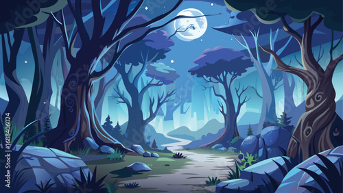 A dark abstract painting of a peaceful night forest landscape with a blue moon above the sea