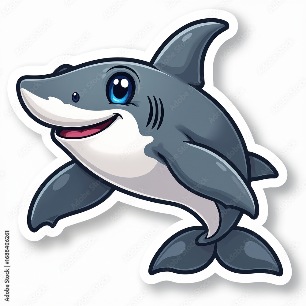 Naklejka premium Friendly cartoon hammerhead illustration, smiling with wide eyes, open mouth. Playful aquatic character, designed as vibrant sticker, brings joyful, whimsical feel to project. Perfect for children