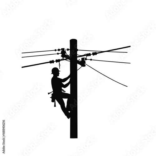Silhouette of lineman climbing utility pole working on wires