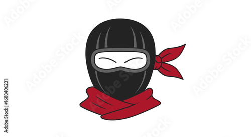 Cartoon Ninja Head with Red Scarf and Black Mask.