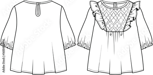 Fashion girl dress design with lace ruffle front, puff sleeves blouse style, kids wear clothing flat sketch, cad drawing flat vector illustration