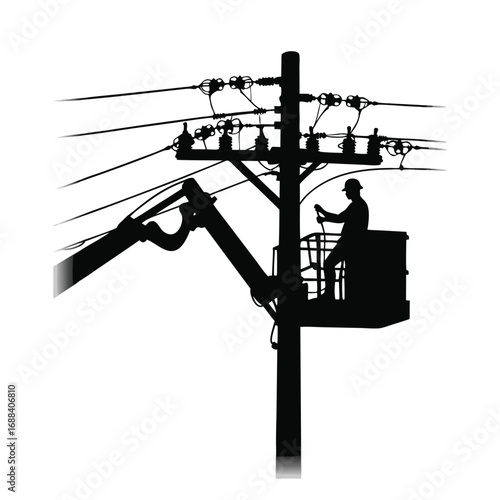 Silhouette of lineman working on utility pole with bucket truck