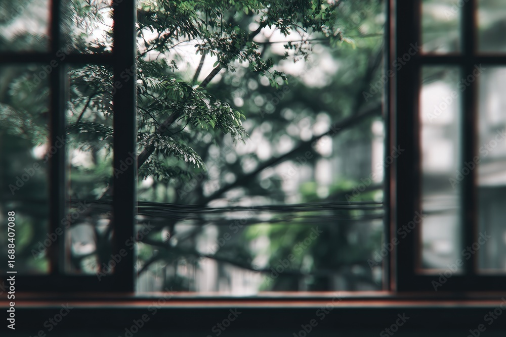 Naklejka premium A view from a dark wooden window onto blurred green foliage and a cityscape on an overcast day, creating an indoor/outdoor feel