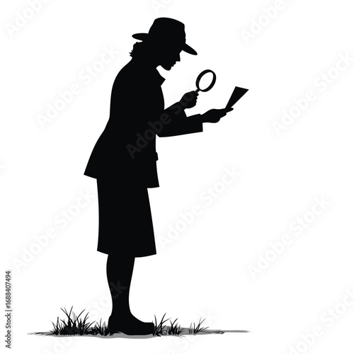 Silhouette of person in hat examining document with magnifying glass