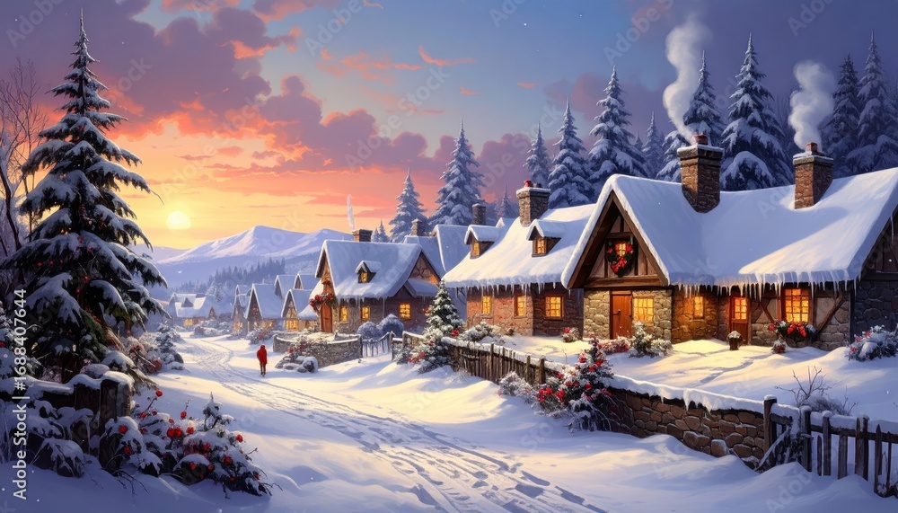 Fototapeta premium A picturesque winter village nestled in a snow-dusted valley, bathed in the warm glow of a winter sunset. Snowy houses, adorned with festive details, line a path through the frosty forest.