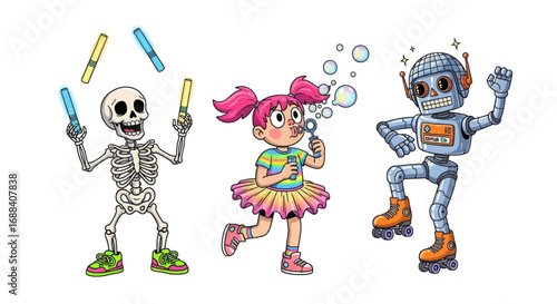 Joyful skeleton juggles, girl blows bubbles, robot skates, celebrating fun and whimsy