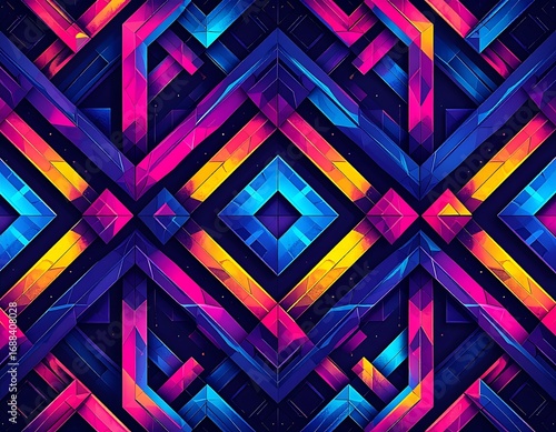 Dynamic geometric abstract pattern vibrant neon gradient lines and shapes create modern digital art