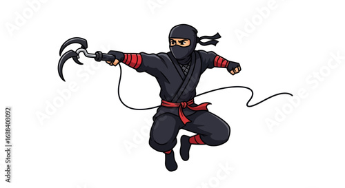 Cartoon Ninja in Black Outfit Holding Sickle Weapon.