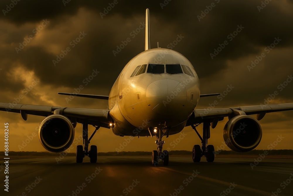 Naklejka premium A large commercial airliner sits on a wet tarmac, bathed in the dramatic golden light of sunset.