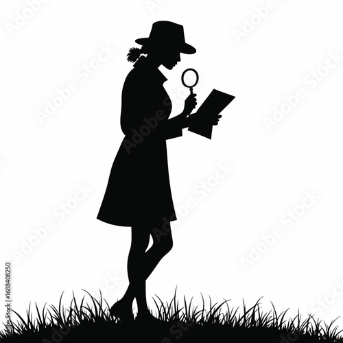 Silhouette of woman detective with magnifying glass examining paper