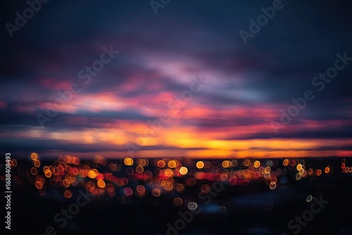 Blurry cityscape with warm lights under a vibrant, colorful sunset with hues of orange, pink, and purple, all under a darkening, cloudy sky