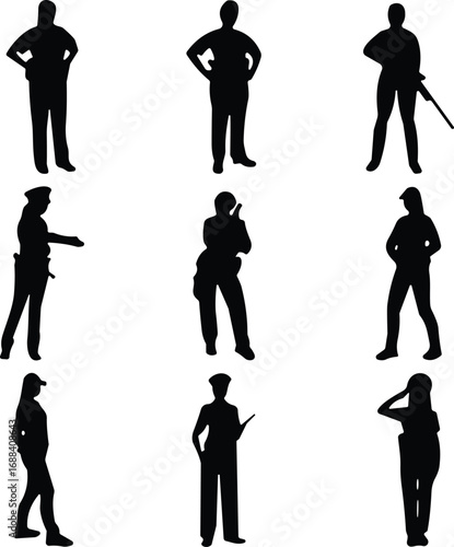 Police officer cad drawing, flat vector illustration, security guard silhouette, law enforcement people, military personnel, safety service, protective uniform, patrol