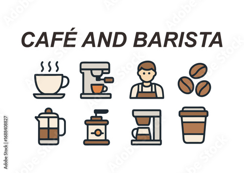 cafe and barista icon set in clean vector style, ideal for menus, branding, infographics, and digital or print projects.