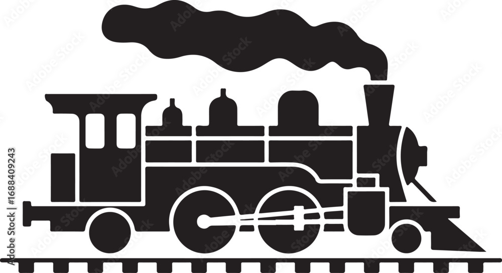 Naklejka premium Steam Train Locomotive Silhouette with Smoke on Railroad Tracks on Transparent Background