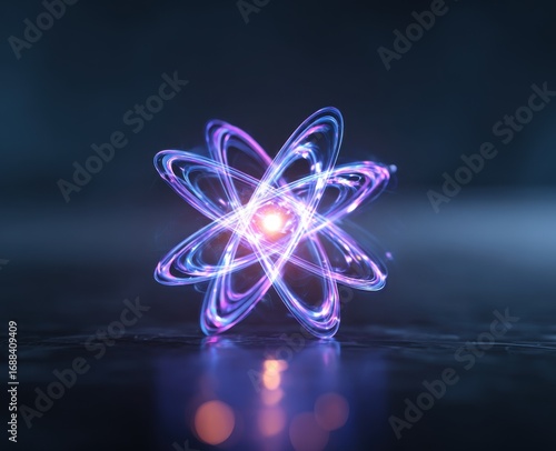 Fototapeta Naklejka Na Ścianę i Meble -  Abstract atom graphic, glowing purple-blue lines form a stylized atomic structure, on dark reflective surface