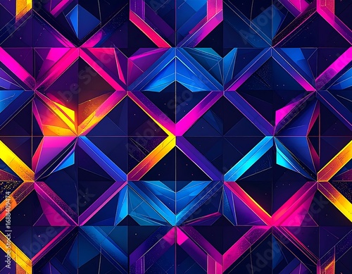 Stunning abstract geometric background with vibrant neon lights and crystal facets