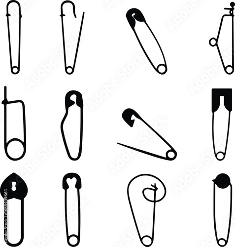 Safety pin silhouettes collection, sewing tool icons, clothing accessory shapes, black metal clip design, cad drawing flat vector illustration