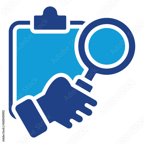 Research Glyph Blue Silhouette Icon Design Vector - Hand with magnifying glass, symbolizing investigation, audit, or research