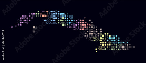 Cuba, shape of the country build of colored cells. Digital style map of the Cuba on dark background. Small size rounded square blocks. Amazing vector illustration.