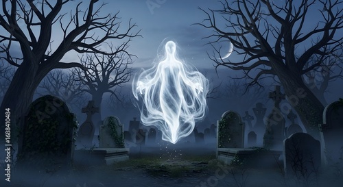 Ghostly Figure Hovering Over Graveyard at Night