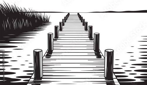 Wooden Pier Extending into Lake on Transparent Backdrop for Nature and Landscape Graphics