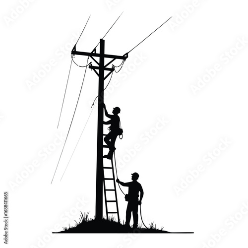 Two linemen working on a utility pole with a ladder 